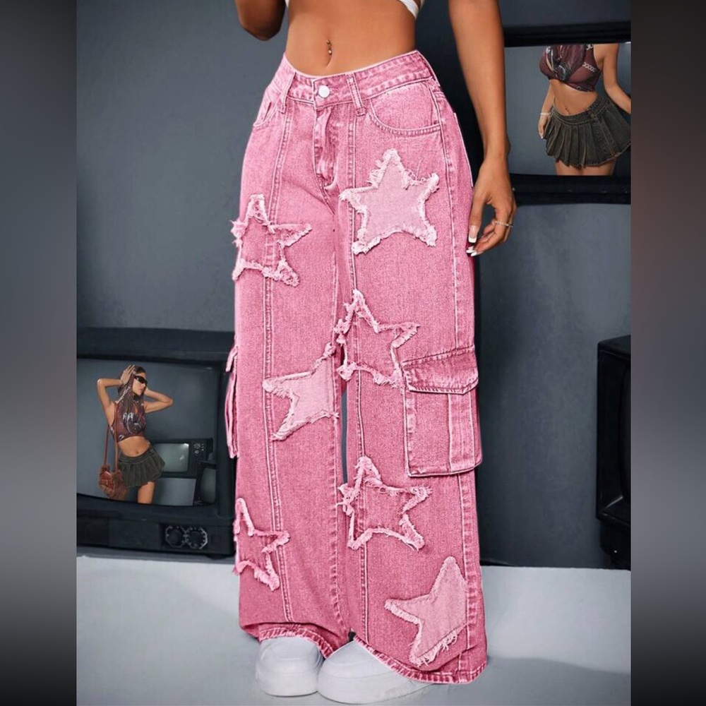 Pink jeans distressed Star Patch Wide-Leg Jeans cargo pockets NWT